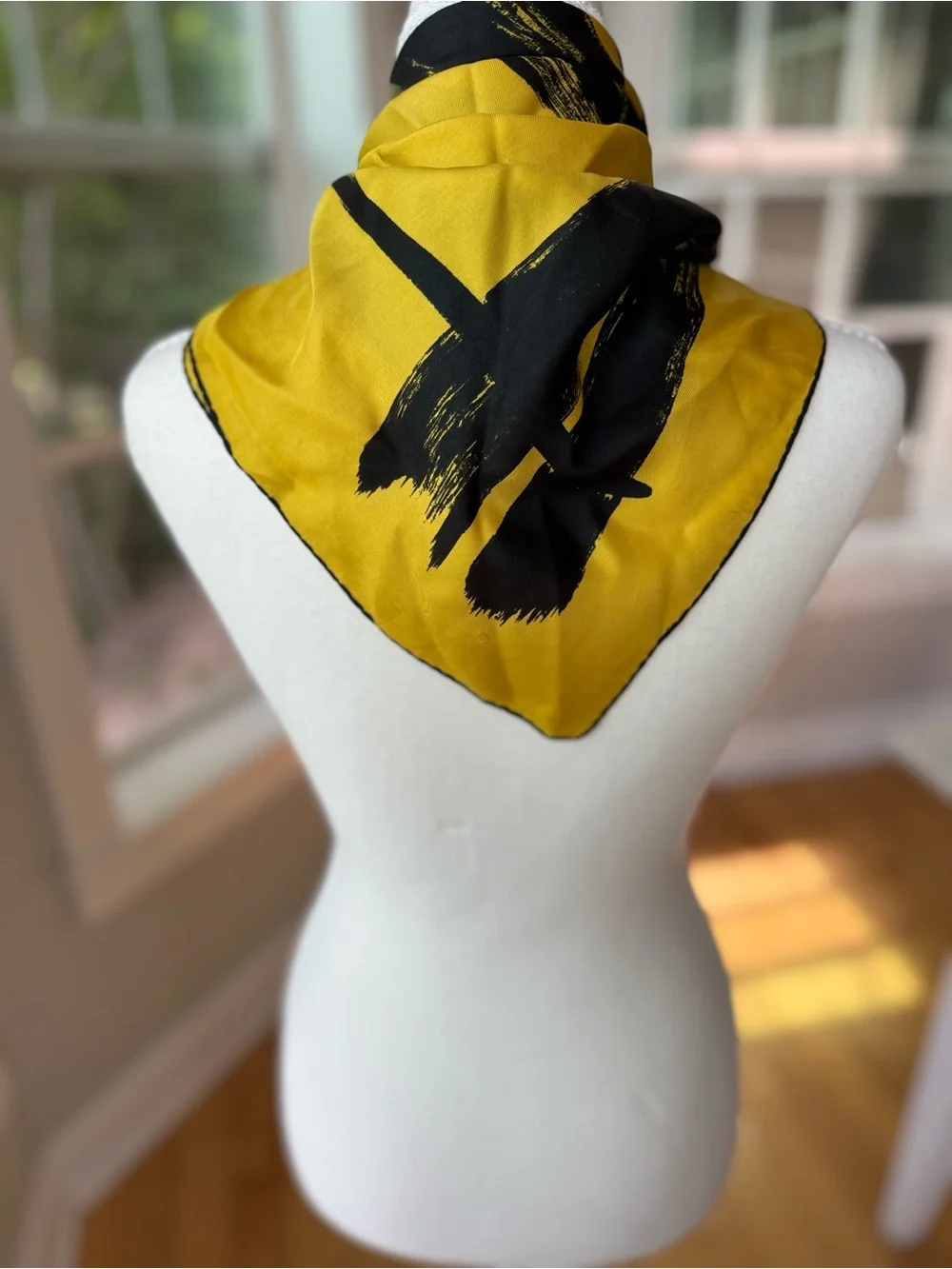 Vintage Lord & Taylor Yellow Black Brushstroke Large Square Silk Scarf